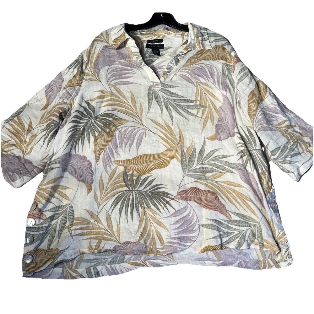 Tahari Top Women's 2X 100% Linen Tropical Old Money‎ Beige Pullover Coastal